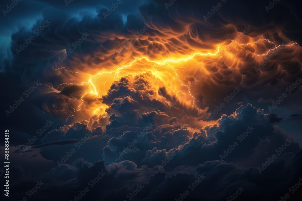 Poster a dramatic cloud with a bright lightning bolt extending from it, symbolizing powerful weather