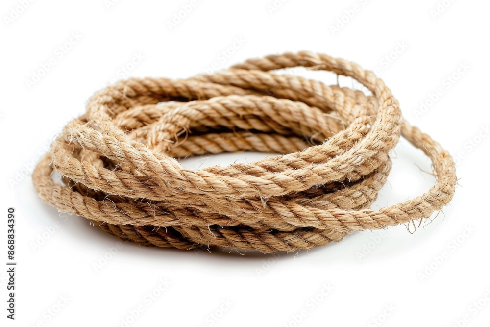Poster A close-up view of a rope on a white surface, ideal for use in designs and presentations where texture and detail are important