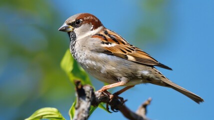Fototapeta premium A small bird is sitting on the top of a tree branch, looking around