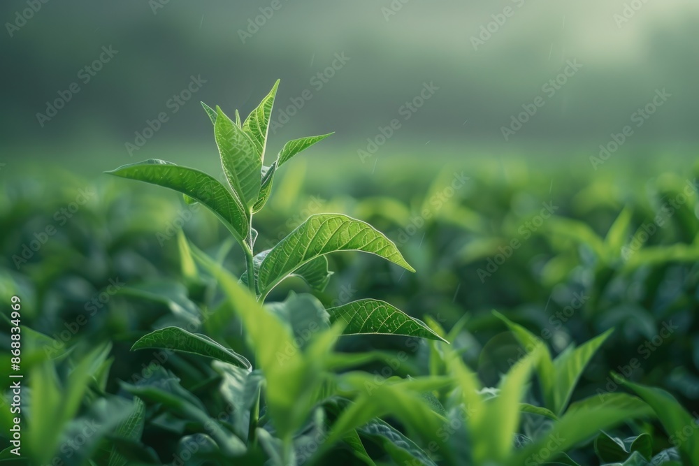 Canvas Prints A serene scene of lush green leaves set against a misty backdrop