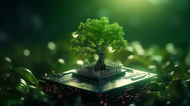 Tree growing on the converging point of computer circuit board. Green computing, Green technology, Green IT, CSR, and IT ethics. Concept of green technology. Environment green technology. High quality - Powered by Adobe