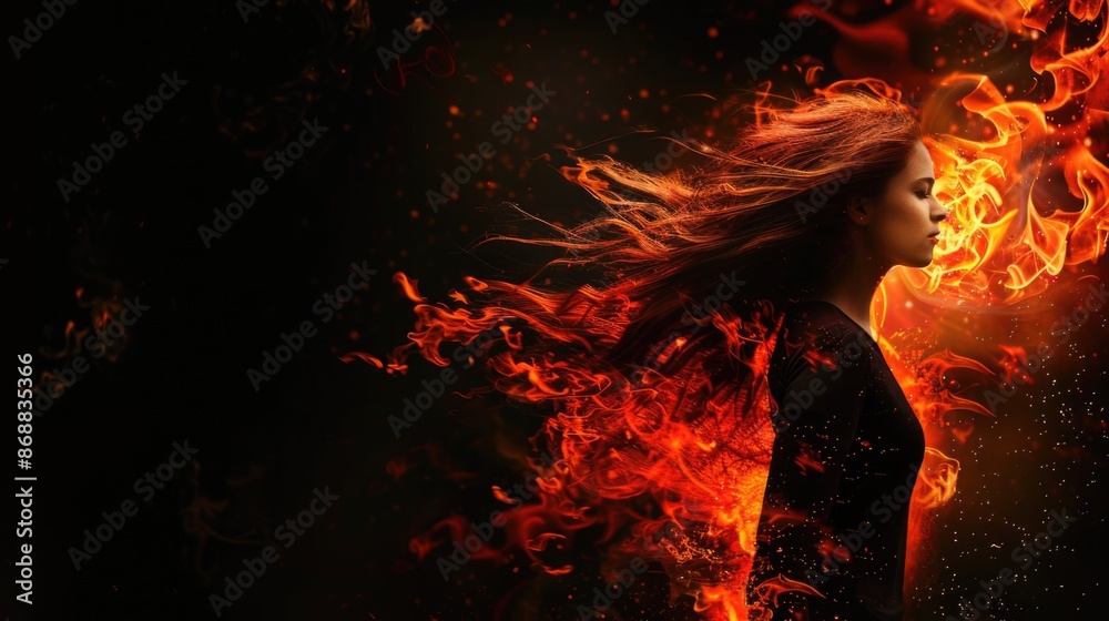 Poster a person stands in front of flames, perfect for background or conceptual use