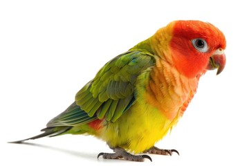 Fototapeta premium A bright and cheerful bird stands on a clean white surface