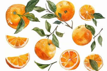 Obraz premium Fresh oranges with green leaves on a clean white background, suitable for food or interior design use