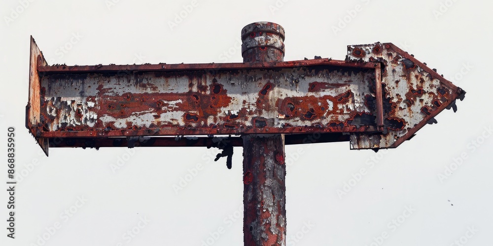 Poster A worn out metal sign post with a rusty arrow pointing towards the right direction, suitable for use in scenes where old infrastructure is needed