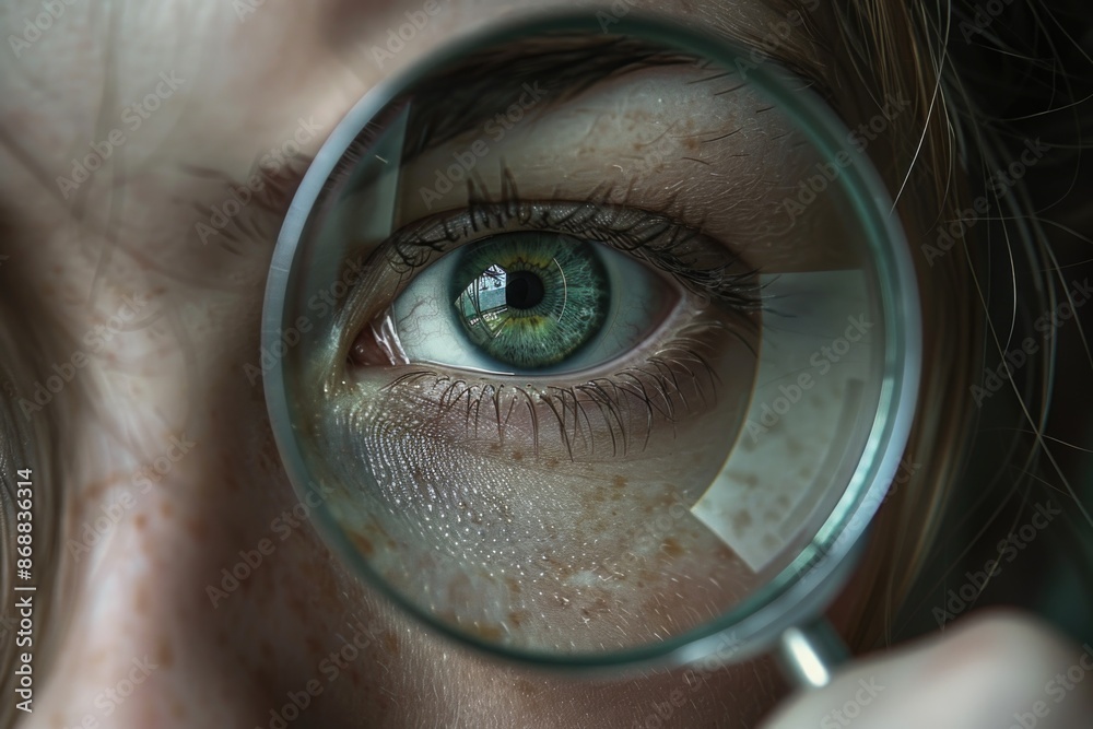 Poster close-up of a person using a magnifying glass, ideal for scientific or detective concepts