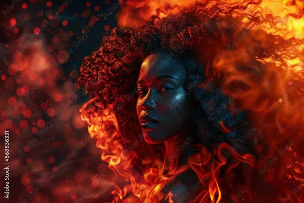 Poster a close-up image of a woman's face with curly hair on fire, ideal for use in dramatic or action-pack