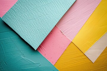 A colorful piece of paper with a blue stripe and pink and yellow stripes. The paper is cut into different shapes and sizes