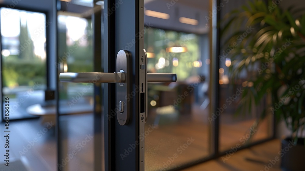 Poster a close-up shot of a door handle on a glass door, suitable for use in interior design or architectur