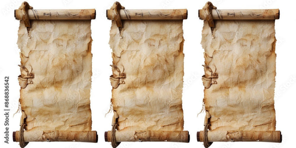 Poster Three vintage-style paper scrolls on a white background