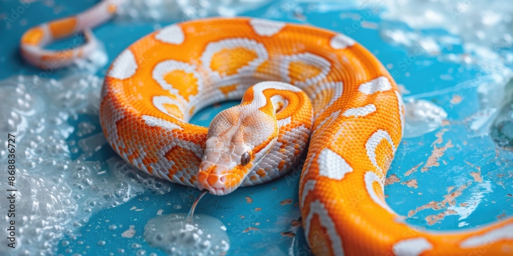 Poster a close-up shot of a snake on a blue background, ideal for use in science or nature-themed illustrat