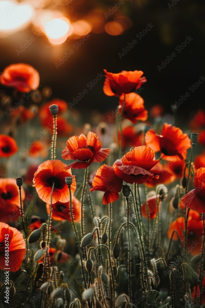 Poster A picturesque scene of red poppies in a field with the sun setting in the background