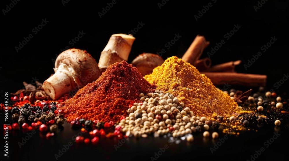 Poster a collection of various spices arranged on a dark surface