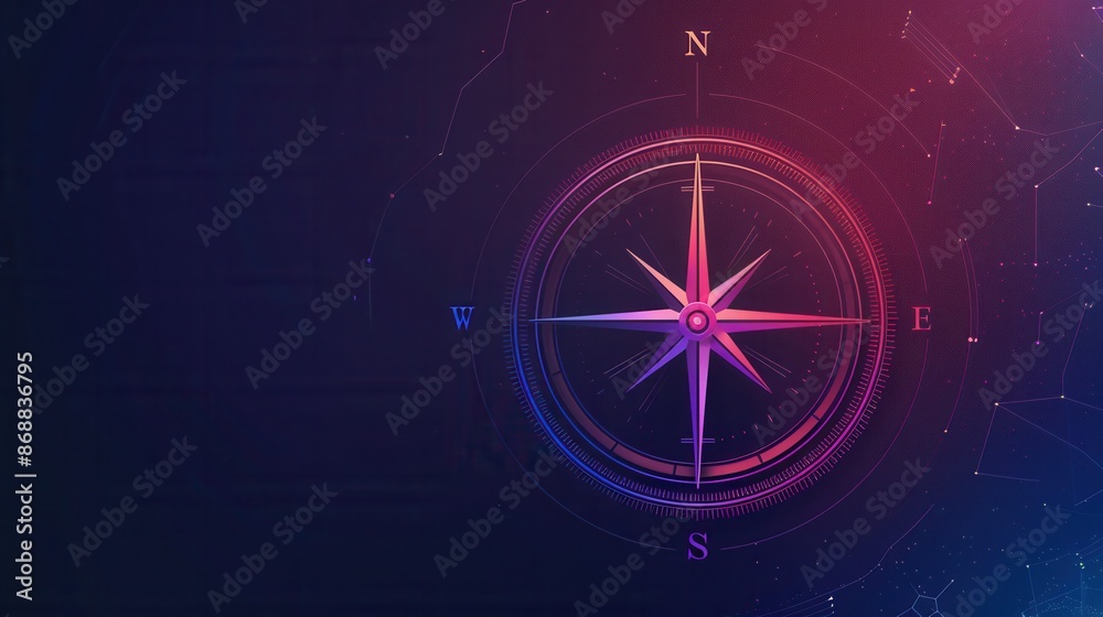 Poster A minimalist compass with clear lines against a dark blue background, perfect for navigation apps and travel services. Generative AI