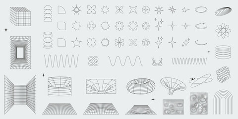 Abstract geometric shapes, wireframes and grids big set. Brutalist style outline figures. Editable stroke outline figures. Y2k aesthetic vector elements