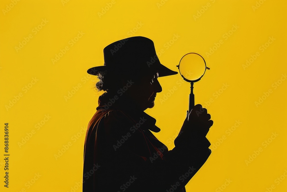 Poster a person examining something closely with a magnifying glass