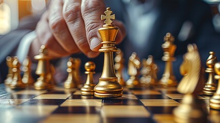 Close up of businessman hand moving gold Chess King figure and Checkmate opponent during chessboard competition. 