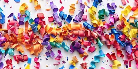 A bundle of colorful paper streamers on a white surface, ideal for decoration or party themes