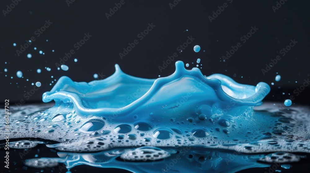 Poster a close-up shot of a blue liquid splash on a black surface, suitable for use in abstract art or desi