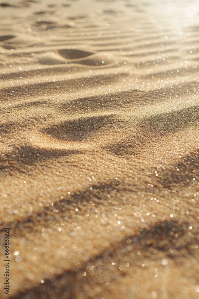 Poster a detailed view of sandy surface on a beach, suitable for use in travel or nature-themed projects