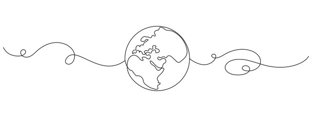Continuous one line drawing of earth globe with flourish art. World map and travel concept in simple linear style. International trip in editable stroke. Doodle vector illustration