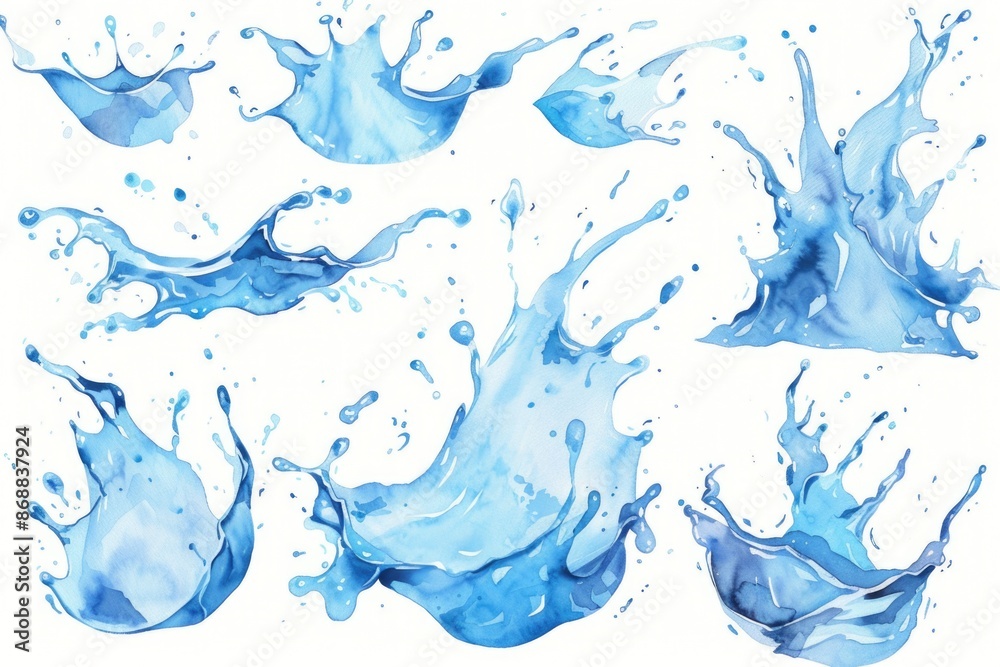 Poster a close-up view of blue water splashes on a white background, perfect for use in designs related to 