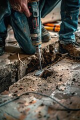 A person drilling into the ground to repair a hole, suitable for scenes where someone is doing manual work or repairing something