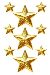 Obraz premium A group of shiny gold stars against a pure white background, ideal for use in designs related to celebration, achievement or motivation