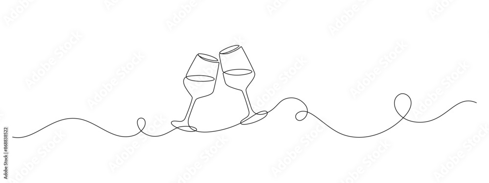 Fototapete Two glasses of red wine in Continuous one line drawing. Champagne toast and cheers in simple linear style. Alcohol and cocktail drink menu in editable stroke. Doodle monoline vector illustration