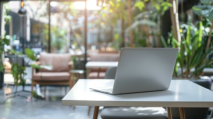 White Tabletop with Laptop in Minimalist Indoor Coffee Shop or Co-Working Space