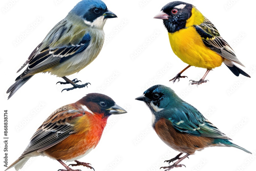 Poster birds perched on top of one another in a layered formation
