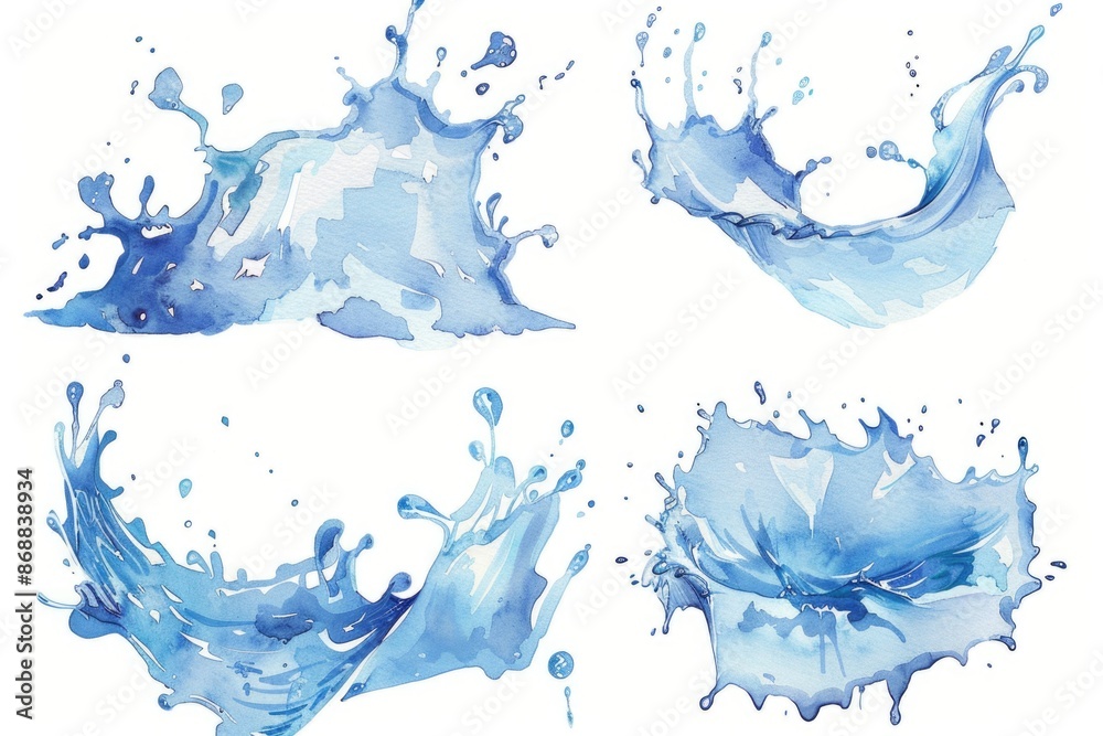 Poster four water splashes on a clean white surface, ideal for showcasing textures or as a design element