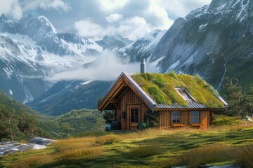 Fototapeta premium A small cabin with a green roof nestled in the mountains
