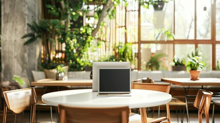 Indoor Seating Area in a Minimalist Coffee Shop: White Tabletop with Laptop, Co-Working Space