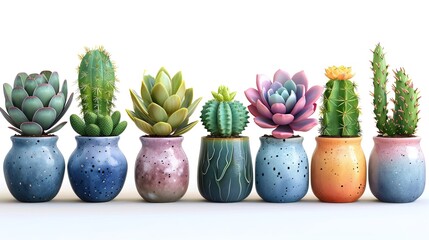 collection Set of different mixed cactus and succulents types of small mini plant in modern ceramic nordic vase 