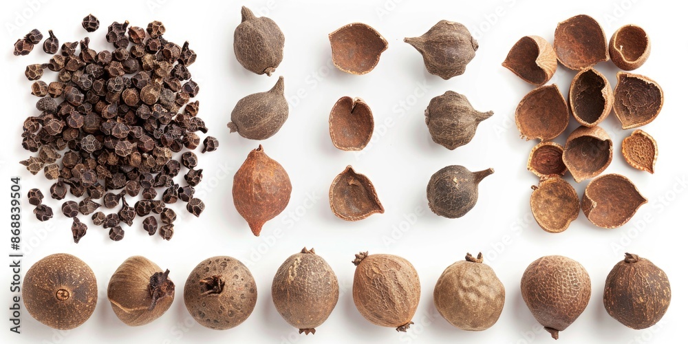 Poster Close-up shot of various nuts and seeds arranged on a white surface
