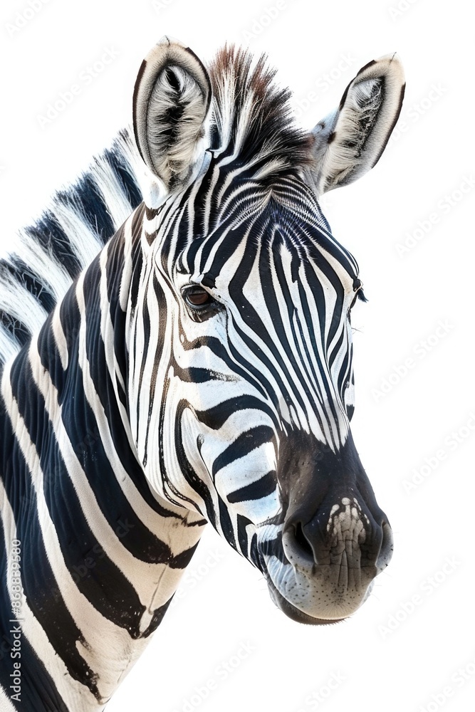 Poster a close-up image of a zebra's face on a white background, great for use in animal-themed designs or 