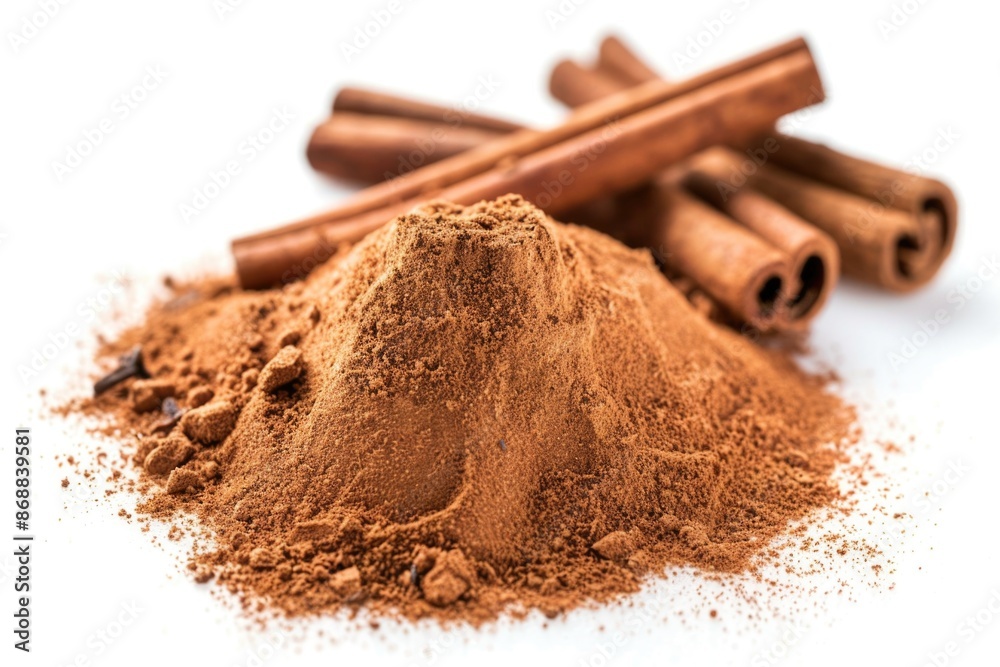 Poster a pile of cinnamon powder and cinnamon sticks on a table or counter