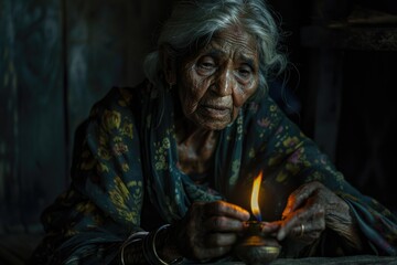 Fototapeta premium A senior woman holds a lit candle in her hands, possibly for warmth or lighting