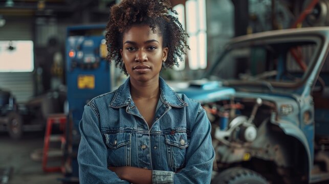 A woman standing in front of a car in a garage, ready to go somewhere