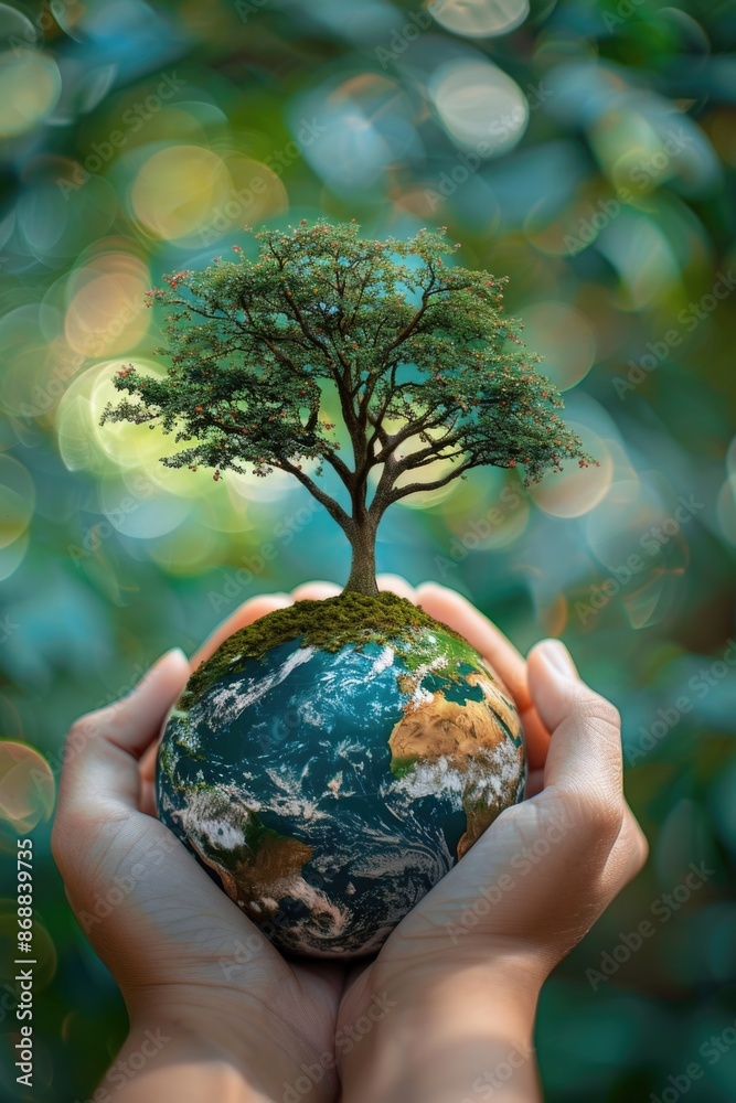 Poster a person holds a small globe with a tree printed on it, ideal for educational or environmental purpo