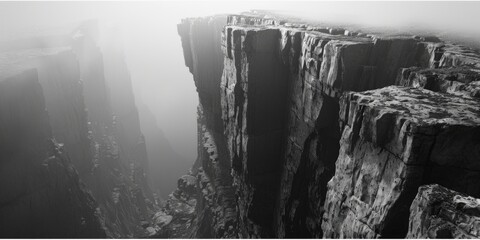 A black and white photograph of a rugged cliff