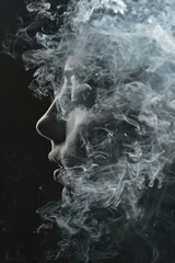 A close-up shot of a person's face with visible smoke or fog, possibly from a pipe or other source
