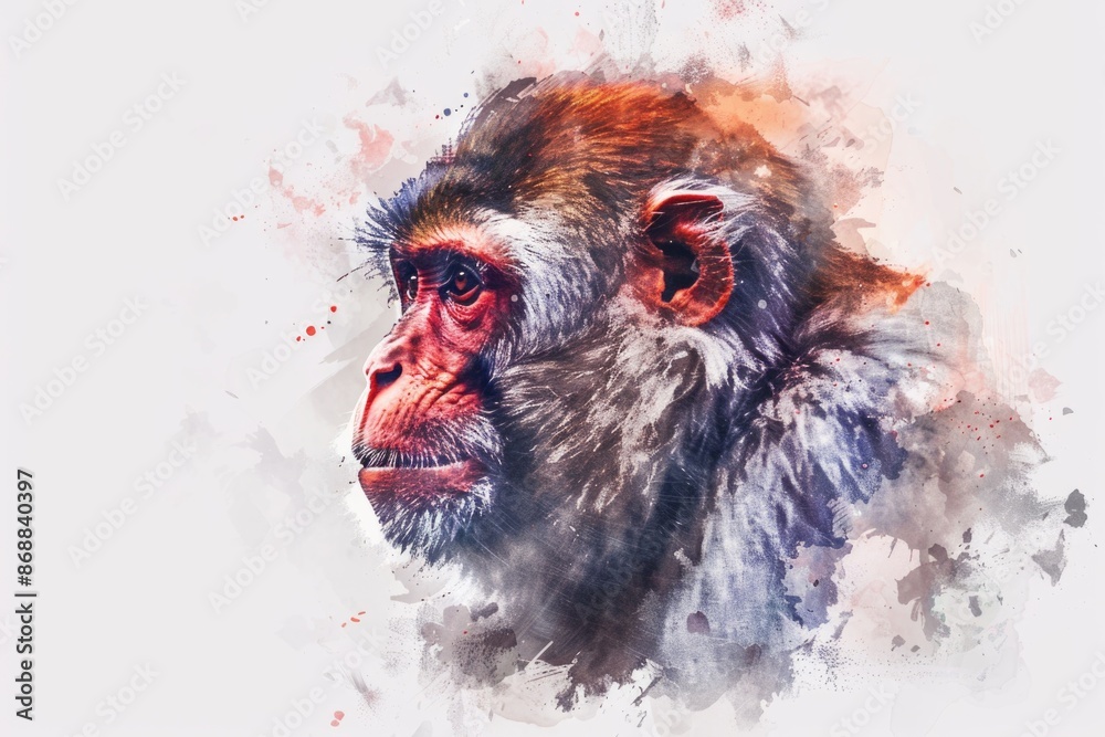Poster watercolor illustration of a monkey's face with expressive features, suitable for use in children's 