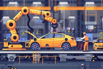 A dynamic illustration of a car assembly line featuring robotic arms and workers collaborating to assemble a new vehicle. Generative AI