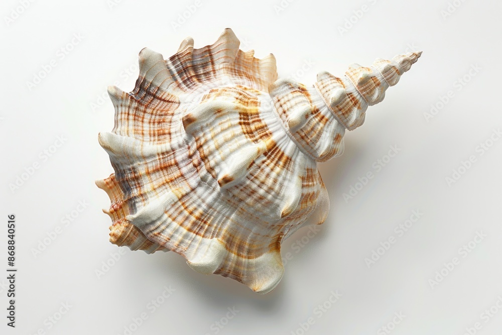 Poster a close-up view of a shell on a white surface, great for use in still life or nature photography