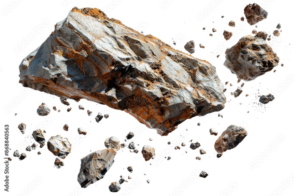 Poster a collection of rocks and gravel scattered across a white surface, ideal for use in designs related 