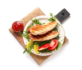 Plate of tasty grilled chicken breast with arugula, tomatoes and ketchup on white background