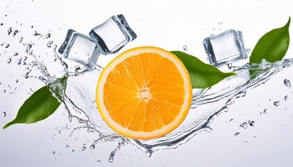 one levitating orange slice with leaves ice cubes and water splash on a white isolated background