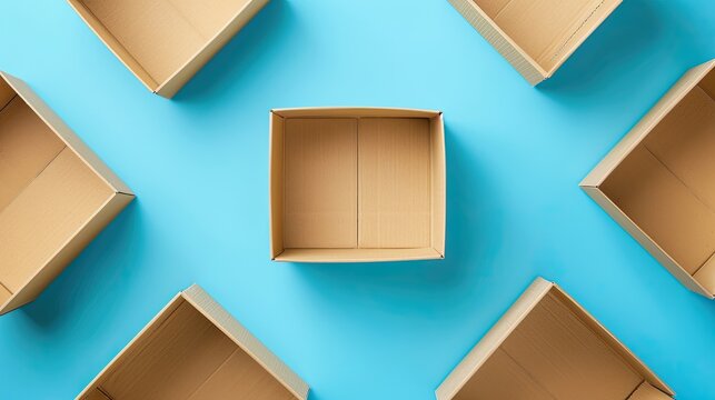 A row of cardboard boxes with one empty box in the middle. The boxes are arranged in a way that they look like they are stacked on top of each other